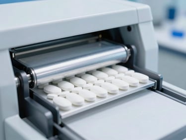 Close-up of a modern high-speed tablet press machine compressing white clinical tablets in a sterile facility.