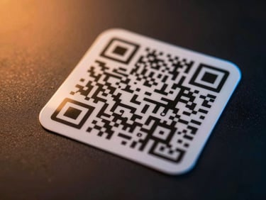 Close-up flat-lay of a glossy die-cut QR sticker on a matte black surface, warm orange studio key light catching the sticker finish and revealing print sharpness, cool blue rim light on one edge, QR code crisp and scannable, deep shadow on the opposing side