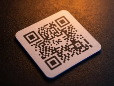 Overhead studio shot of a premium matte QR thank-you card placed on a dark textured surface, warm orange key light raking across the card revealing paper grain, QR code centered and in sharp focus, royal-blue rim highlight on the card edge, deep shadow beneath