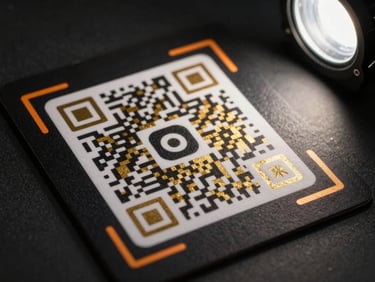 45-degree angle shot of a festival-offer printed card with a QR code, gold foil-effect ink on a near-black background, studio key strobe from upper right, orange geometric glow framing the QR, fine cardstock texture visible at the edges
