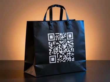 45-degree studio shot of a matte-black branded shopping bag standing upright on a dark surface, large QR code printed on the bag face sharply visible, warm orange glow wrapping the bag silhouette from behind, cool blue rim light on the bag handle, crisp dimensional shadow, no background clutter