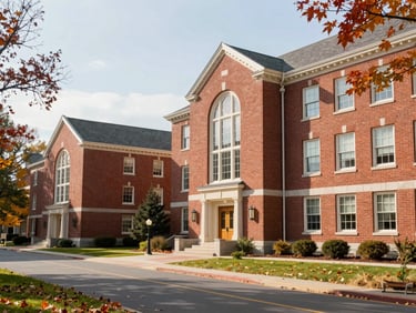 Modern university campus in New England, red brick buildings, autumn leaves, bright daylight.
