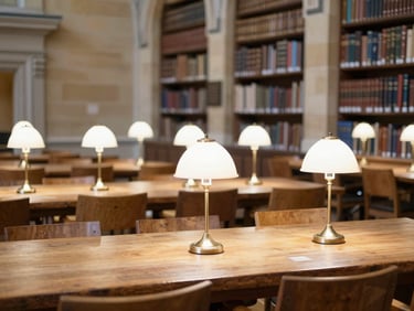 Classic stone library interior in Oxford, long wooden tables, soft desk lamps.