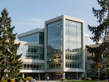 Sleek glass university research center in Vancouver, pine trees, clear blue sky.