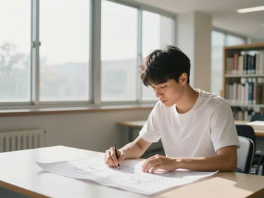 A bright library with soft morning sun filtering through high windows, a focused student analyzing academic blueprints on a clean desk, editorial photography, 35mm