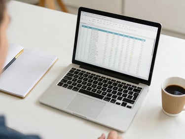 A clean overhead flat-lay of a student's desk with a laptop displaying a comparative spreadsheet, a notebook with gold-tipped pages, and a coffee cup.