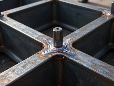 Macro shot of structural steel weld on a heavy industrial chassis, deep charcoal metallic paint, precise weld beads, high contrast, dramatic lighting