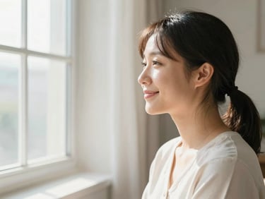 Medium shot of a person smiling softly while looking out of a sunlit window in a warm, clean living room, conveying peaceful connection and clear hearing, soft focus.