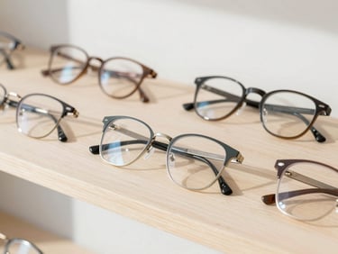 A collection of modern, minimalist eyeglasses arranged on a light sand-colored wooden shelf, soft natural daylight, high contrast