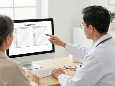 A specialist sitting at a bright wooden desk, explaining test results on a screen to an older patient, warm and trusting atmosphere