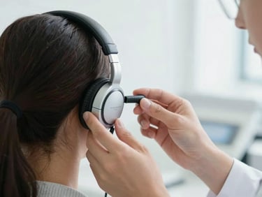 Close-up editorial shot of a professional audiologist gently adjusting a modern testing headphone for an adult patient, soft natural side lighting, clean clinical setting.