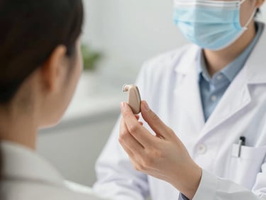 A professional audiologist gently showing a small, modern, discrete hearing aid to a patient, warm clinical lighting, soft focus