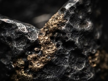 Extreme macro close-up of textured raw gold and dark silver metal, dramatic gallery spotlight, deep shadows, Hasselblad 80mm photography