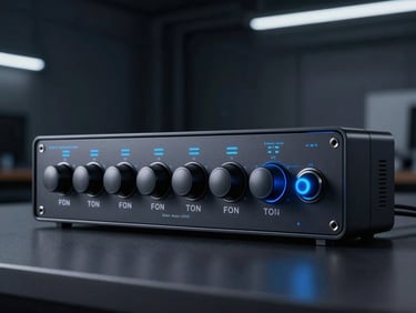 Macro close-up of a high-end digital interface on a sleek monitor, sharp electric blue accents, cool-toned studio lighting, dark architectural workspace background, 35mm