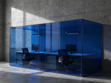 Modern architectural workspace with concrete walls, sharp shadows from a window, glass partitions with electric blue reflections