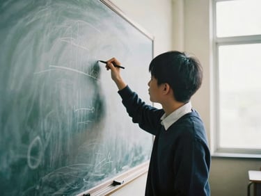 Candid medium shot of a student writing on a chalkboard during a seminar debate, soft natural window light, 35mm film aesthetic.