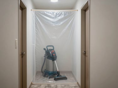 A neat residential hallway with a clean zippered plastic dust barrier isolating the work zone, industrial HEPA vacuum visible inside
