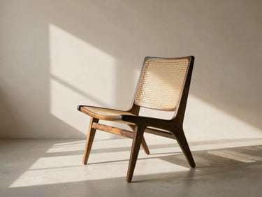 A minimalist cane lounge chair in a warm ivory room, soft directional natural light casting long shadows, 35mm photography