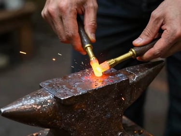 Hands shaping molten brass on an anvil, sparks and glowing metal, close-up macro texture, dark moody background, 35mm