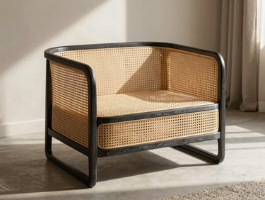 Sustainably harvested cane furniture styled in a sunlit, high-end architectural living room, dramatic shadows