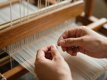 Close-up of fingers separating fine wool threads on an ancestral upright wooden loom, warm side-light, shallow depth of field