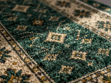 Close-up of intricate hand-knotted rug textures, showing detailed wool fibers and deep forest green and beige patterns, dramatic chiaroscuro lighting, 35mm