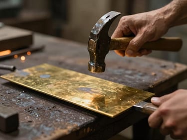 Hands hammering a sheet of dark raw brass, glowing embers in the background, dramatic chiaroscuro lighting
