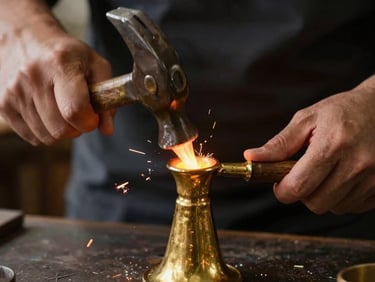 Close-up of artisan hands shaping molten brass with a traditional hammer, sparks and deep shadows, chiaroscuro