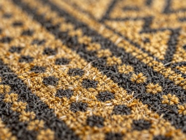 Macro shot of intricate hand-knotted carpet fibers, showing rich antique gold and charcoal wool textures, soft side-light