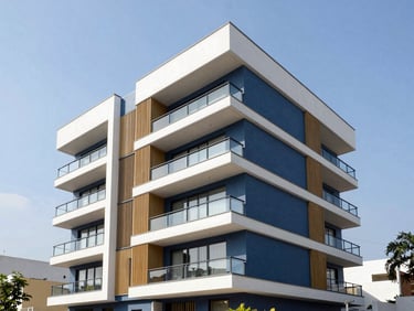 Wide architectural angle of a modern Colombian residential building exterior under bright natural daylight, clean sharp focus, professional architectural photography