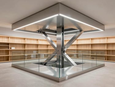 Modern retail showroom interior with a sleek glass and steel platform lift, architectural lighting, minimal design