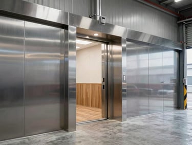 Industrial warehouse interior with a heavy-duty freight elevator, brushed steel doors, concrete floors, sharp technical lighting