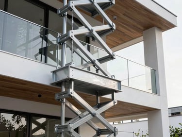 Crisp architectural view of a hydraulic home lift shaft integrated into a modern open-staircase villa, highlighting clean metallic structures and glass panels, daylight.