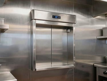 Clean commercial kitchen with a stainless steel dumbwaiter lift integrated into the wall, soft metallic reflections