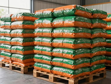 A clean, modern warehouse interior with neatly stacked pallets of bulk PP bags, bright natural daylight, sharp focus, 35mm