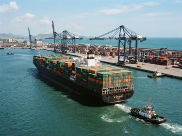 A large container ship loaded with green and orange cargo containers departing a modern Indian port under bright daylight, crisp editorial photography, 35mm