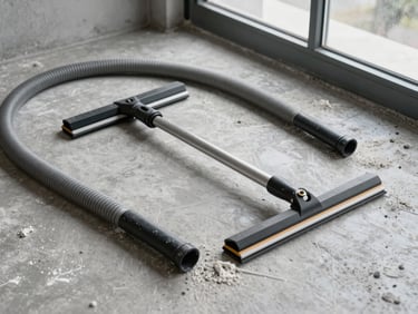 Close-up overhead shot of industrial vacuum hose and squeegee tools on freshly poured concrete floor with white dust residue, overcast daylight from a high window, tools arranged in working position