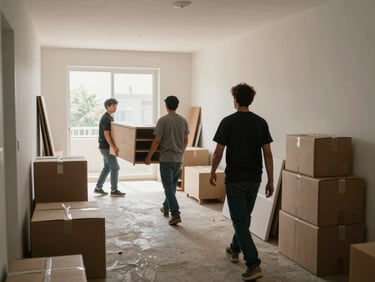 Wide environmental shot of a commercial clearance in progress, crew members carrying furniture through an empty apartment corridor, morning daylight from end window, boxes stacked along the wall