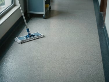 Close overhead view of a freshly mopped institutional corridor floor, cleaning cart and mop visible at the edge, natural window light from the left, muted cool tones, no people posed