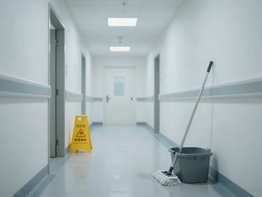 Wide shot of a sanitized corridor in a medical or clinical facility, mop and wringer bucket in the foreground, wet floor sign visible, clean white surfaces, harsh overhead light casting a clinical atmosphere