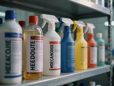 Close-up of chemical-grade cleaning canister and color-coded spray bottles lined on a metal shelf in an industrial facility, cool fluorescent light casting sharp shadows, no people visible
