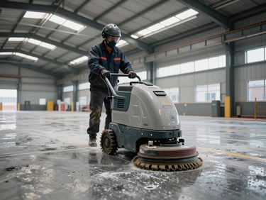 Wide shot of an industrial floor being deep-cleaned post-construction, worker in protective gear operating a professional scrubbing machine, overcast natural light through factory skylights, grit and clean contrast visible