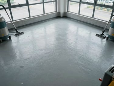 Overhead view of a freshly cleaned commercial floor, industrial vacuum and mop equipment visible at the edge, natural daylight through tall windows, cool overcast light, empty space showing the result of systematic work