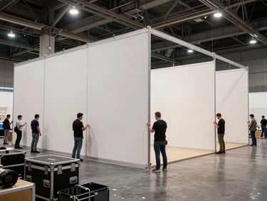 Wide shot of an exhibition hall mid-setup, crews positioning large booth panels under high warehouse lighting, equipment and flight cases visible in the foreground, no posed workers