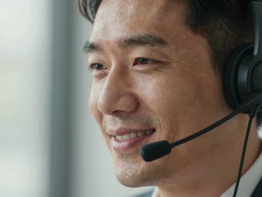 Close-up of a modern US-based sales professional wearing a sleek headset, smiling naturally in soft daylight, tight professional framing
