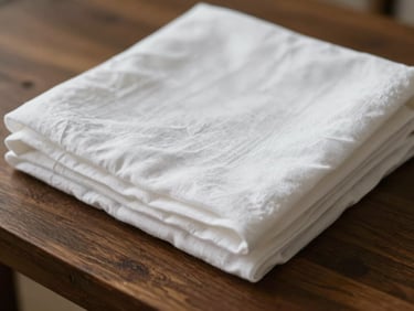 Tactile close-up of perfectly pressed, high-thread-count white linen neatly folded on a dark oak table, soft diffused morning light, quiet luxury aesthetic.