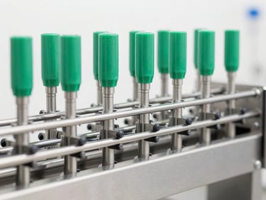 Sharp close-up of a stainless steel automated bottling line in a sterile commercial kitchen, bright high-key studio lighting, clean emerald tones, sharp focus, 50mm lens.