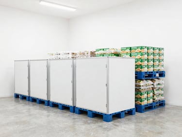 Clean commercial cold storage warehouse with organized pallets of food products, pristine concrete floors, bright crisp lighting