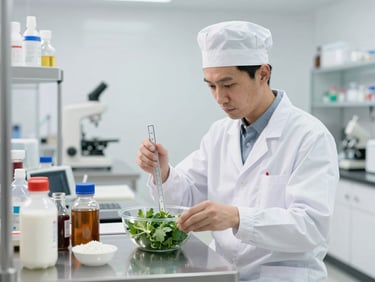 A professional food technician in a white lab coat measuring raw ingredients in a sterile stainless steel laboratory, bright high-key lighting