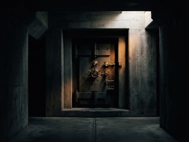 Sleek architectural photography of a minimalist concrete vault entrance with sharp geometric shadows and subtle amber light leaks, low-key dramatic lighting, 35mm